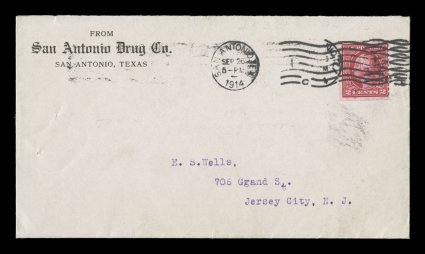 453, 2c Carmine rose rotary coil, Ty. I, perf. 10 vert., fine single with rich carmine rose color, tied to corner card cover of the San Antonio Drug Co., September 16, 1914
earliest documented usage, two strikes of the San Antonio machine ca