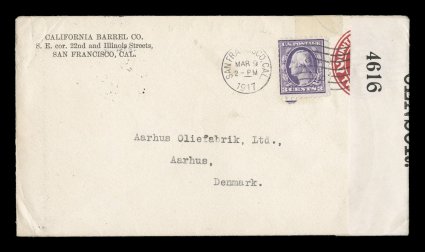 464, 3c Violet, bright single tied to 2c Carmine on white postal entire (U411) with corner card of the California Barrel Co., March 9, 1917 earliest documented usage, posted to
Aarhus, Denmark, stamp tied by San Francisco, Cal. machine canc