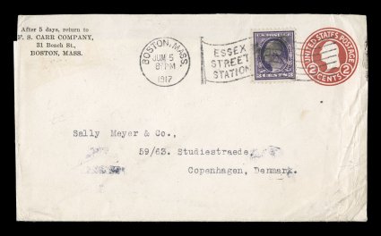 501, 3c Violet, Ty. I, single with quite deep color, tied to 2c Carmine on white postal entire (U429) by Boston, Mass. slogan flag type machine cancel, June 5, 1917 earliest
documented usage, posted to Denmark with censor label on the rever