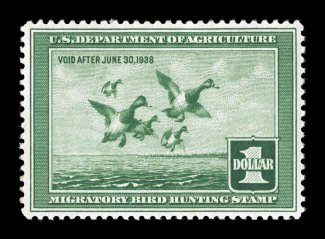 RW4, 1937 $1.00 Light green, very well centered, strong rich color, o.g., n.h., extremely fine 2007 PSE certificate (VF-XF 85 SMQ $510.00).