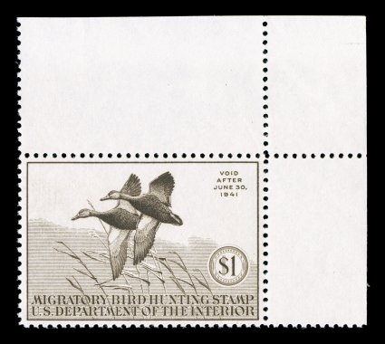 RW7, 1940 $1.00 Sepia, top right corner margin single, exceptionally well centered and margined, strong fresh color, o.g., n.h., extremely fine and choice 2006 PF certificate
for the plate block from which this came.