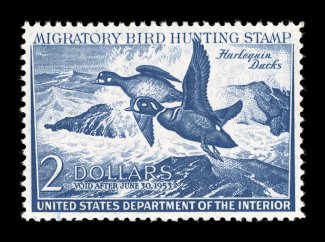 RW19, 1952 $2.00 Deep ultramarine, excellent centering within large margins, bright fresh color, o.g., n.h., extremely fine 2007 PSE certificate (XF-Superb 95 SMQ
$230.00).