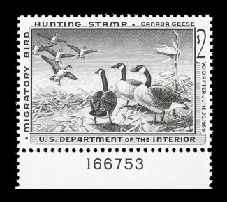 RW25, 1958 $2.00 Black, bottom margin plate no. 166753 single, outstanding centering, bright and fresh, o.g., n.h., extremely fine gem 2007 PSE certificate (Superb 98 SMQ
$475.00).