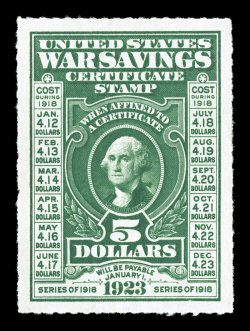 WS3, $5.00 Deep green, rouletted 7, an extraordinarily choice mint example of this scarce stamp, near perfect centering within very large margins, especially rich color and a
razor-sharp impression, full o.g., mild h.r., extremely fine gem actu