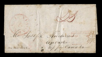 1830 Cross-border folded letter datelined Eastport (Maine) August 24, 1830, with Nov. 1 red New York c.d.s., rare red American PostageBritish do handstamp, with ms. 13, 6 12, 19
12, sent to Ancaster, Upper Canada, with red Niagara 8 No