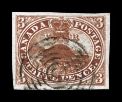 4, 1852 3p Red on medium wove paper, lovely used example, with four large margins, strong color and a well defined impression, relatively light target cancel, extremely fine
(Unitrade C$300.00).