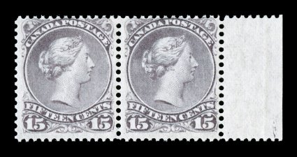29i, 1868 15c Slate purple, right sheet-margin horizontal pair, exceedingly fresh, with strong rich color, o.g., never hinged (quite scarce thus), fine photocopy of a 2007
Greene Foundation certificate for a block of four, this being the bottom