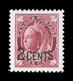 87, 1899 2 Cents surcharge on 3c Carmine Maple Leaf, a spectacular mint single, possessing gigantic margins all around and being incredibly well centered within these
extraordinary borders, bright color, o.g., n.h., an extremely fine gem of