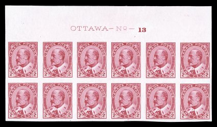 90a, 1903 2c Carmine, imperforate, Ty. II, full top margin imprint and plate no. 13 block of twelve, large margins, wonderfully fresh color, o.g., three stamps l.h., others
n.h., trivial natural gum bend at top, extremely fine.