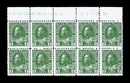 107, 1922 2c Yellow green, an amazing lot of forty top margin imprint and plate number blocks of eight, ten or twelve, includes thirty different plate numbers ranging from 164
to 226, uncommonly fresh group, majority quite well centered, o.g., n