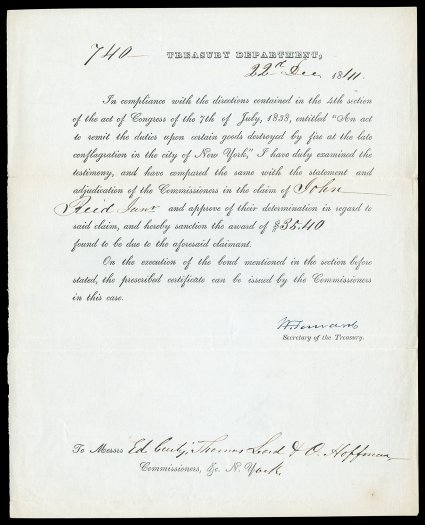 Secretaries of the Treasury, 1841-53 [Tyler - Fillmore] Excellent group of autographs including partly printed Document Signed W. Forward as Secretary, 23 page, 4to,
[Washington], December 22, 1841. Forward approves the claim of John R
