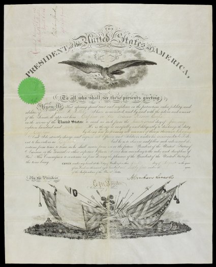Lincoln, Abraham Choice partly engraved Document Signed Abraham Lincoln as President, 1 page, folio, on vellum, Washington, August 1, 1864. While Union sieges were underway
against Petersburg in Virginia and Atlanta in the deep South, L