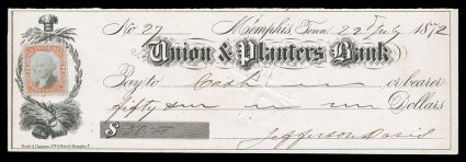 Davis, Jefferson Only president of the Confederate States (1808-89, served 1861-65) earlier, US Secretary of War and a powerful US Senator from Mississippi. Choice Autograph
Document Signed Jefferson Davis, 1 page, narrow oblong 8vo, M