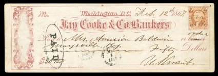 Grant, Ulysses S. Choice association Autograph Document Signed U.S. Grant as General of the Army, 1 page, narrow oblong 8vo, Washington, February 12, 1867. A bank check drawn on
Jay Cooke & Co. in the amount of $50, payable to his first
