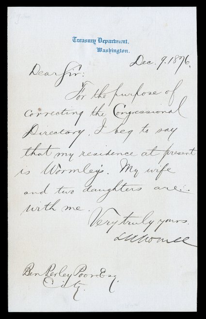 Secretaries of the Treasury, 1869-77 [Grant-Hayes] Autographs from the administrations of U.S. Grant and Rutherford B. Hayes. Includes Autograph Letter Signed Geo: S. Boutwell
as US Representative from MA, 1 page, 8vo, Washington, May 2