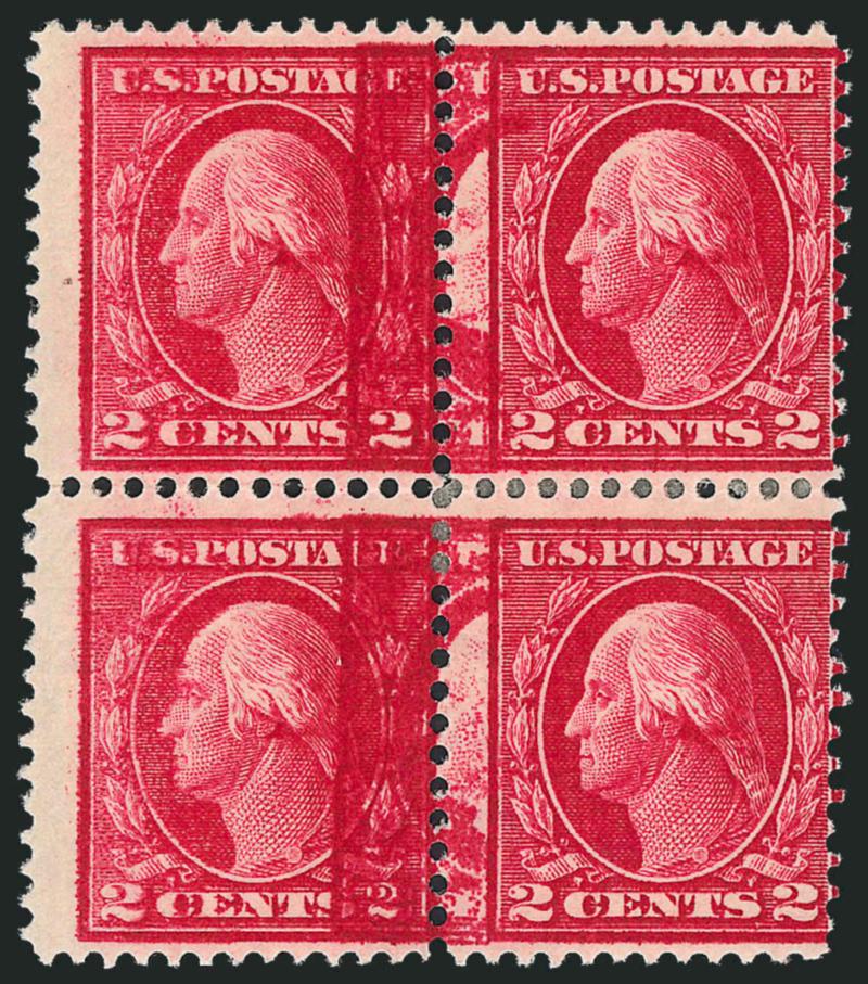 2c Carmine, Double Impression (406b).> Block of four, trivial adherence, the strong double impression is in the center of the block and is shared by <all four stamps,> perfs slightly in at right as presumably
are all the other few surviving examples<