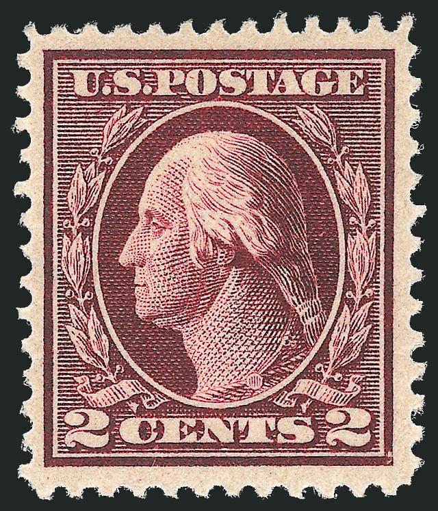 2c Lake (406c).> Mint N.H., deep rich color and detailed impression, wide margins<><>^VERY FINE AND CHOICE. A RARE MINT NEVER-HINGED EXAMPLE OF THE 1912 2-CENT LAKE. VERY FEW ARE KNOWN.^<><>Through an error at
the Bureau of Engraving and Printing