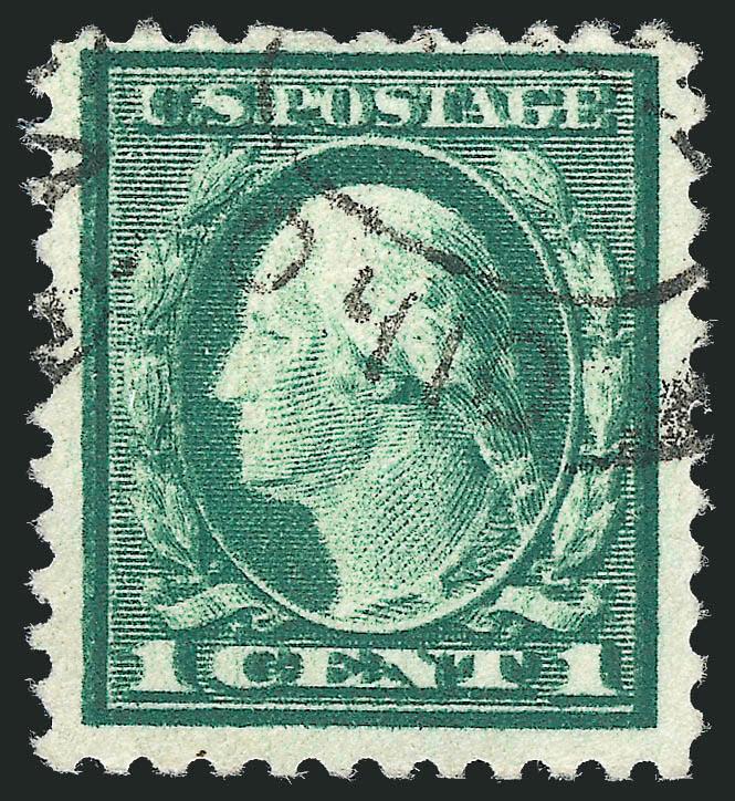 1c Green, Double Impression (498d).> Three wide margins, neat strike of Ohio oval registry cancel, clear doubling of the impression throughout<><>^VERY FINE AND CHOICE. A RARE USED EXAMPLE OF THE 1917 ONE-CENT
GREEN WITH A CLEAR DOUBLE IMPRESSION.^