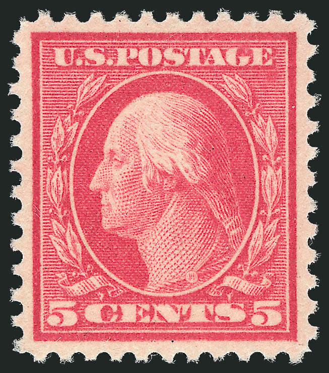 5c Rose, Error (505).> Mint N.H., brilliant color, mathematically perfect centering on bright paper, long and full perforations all around<><>^EXTREMELY FINE GEM. AN ABSOLUTELY PERFECT EXAMPLE OF THE PERF 11
5-CENT ERROR OF COLOR, WHICH HAS BEEN AW