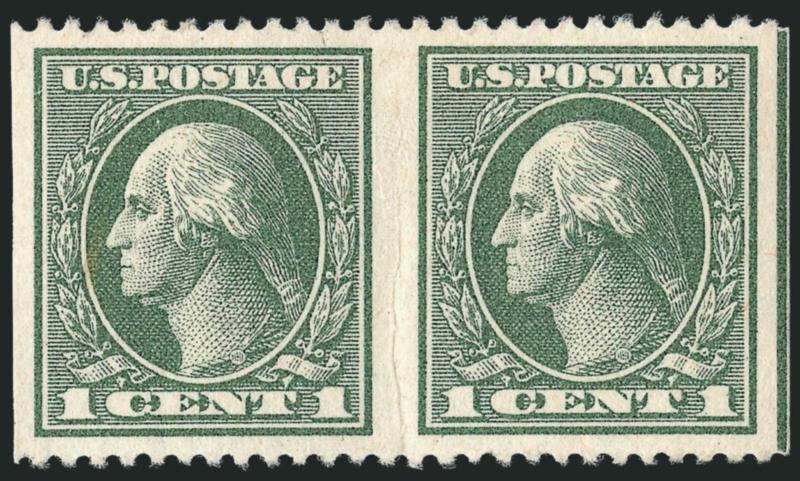 1c Gray Green, Horizontal Pair, Imperforate Vertically (536a).> Small h.r., bright color, wide margins with guideline at right, light vertical crease between stamps, Extremely Fine appearance and rare, Colman
guarantee backstamp, ex Georgetown, with