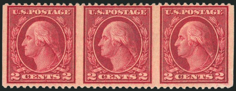2c Carmine Rose, Ty. III, Rotary Perf 11 x 10, Horizontal Pair, Imperforate Vertically (540b).> Strip of three, wide margins at sides, deep rich color, couple small faults incl. thin spot on left stamp and
small sealed tear on middle stamp<><>^VERY