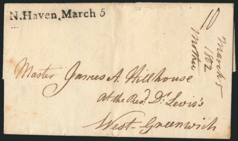 N. HAVEN. March 5.> Well-struck straightline datestamp with ms. 10 rate on 1802 folded letter to West Greenwich, Extremely Fine strike, a beautiful cover