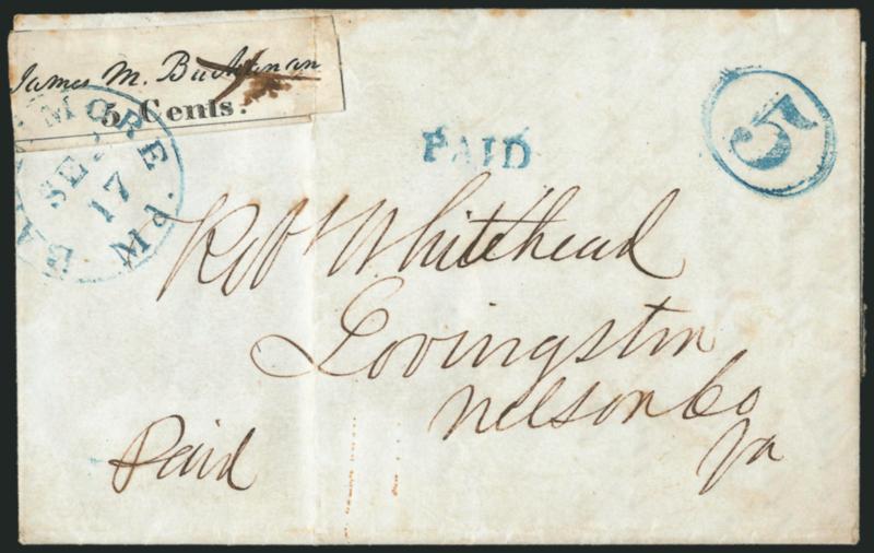 Baltimore Md., 5c Black (3X1).> Position 3, cut into on three sides, large margin with most of frameline at bottom, pen X cancel, tied by blue Baltimore Md. Sep. 17 circular datestamp with matching 5 in oval
and Paid handstamps on 1846 folded