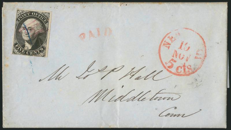 New York N.Y., 5c Black, ACM Initials (9X1).> Large margins to touching at bottom, cancelled by blue pen, red New-York 5 cts. 19 Nov. integral-rate circular datestamp with matching Paid arc handstamp on 1846
folded letter to Middletown Conn., s