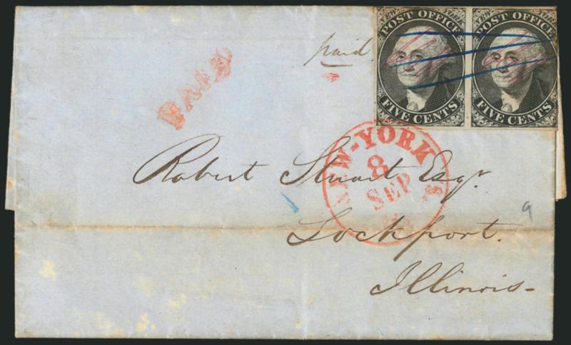 New York N.Y., 5c Black, ACM Initials (9X1).> Horizontal pair, margins to in at right, cancelled by blue pen, red New-York 10 cts. 8 Sep. integral-rate circular datestamp with matching Paid arc handstamp on
1846 folded letter to Lockport Ill.,