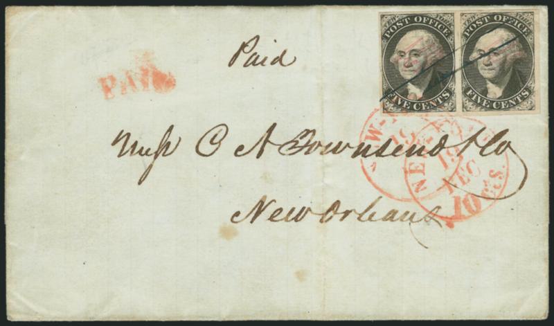 New York N.Y., 5c Black, AC M Initials (9X1a).> Positions 39-40, horizontal pair, full to huge margins with bottom right sheet margins, two neat blue pen strokes and tied by New York 10 cts. 19 Dec.
integral-rate circular datestamp, second strike