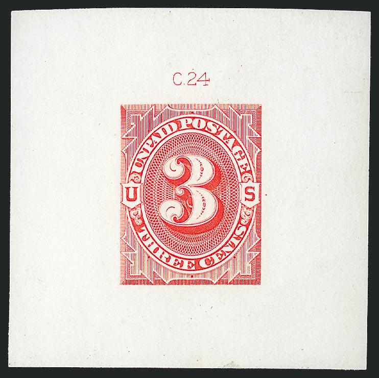 2c-5c 1879 Unpaid Postage Die Essay, Scarlet on White Ivory Paper (J2-E1d-J4-E1d).> 5c 31 x 45mm, other two approximately 50 x 50mm, both with die imprints at top, Very Fine-Extremely Fine