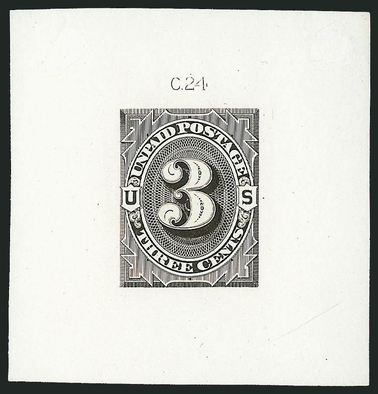 2c, 3c 1879 Unpaid Postage Die Essay, Black Brown on White Ivory Paper (J2-E1d-J3-E1d).> Approximately 52 x 54mm, both with die imprints at top, Very Fine-Extremely Fine