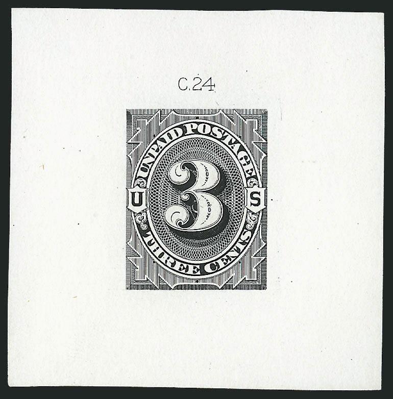 2c, 3c 1879 Unpaid Postage Die Essay on White Ivory Paper (J2-E1d-J3-E1d).> Blue (52x 47mm) and black (52 x 52mm) respectively, both with die imprints at top, Very Fine-Extremely Fine