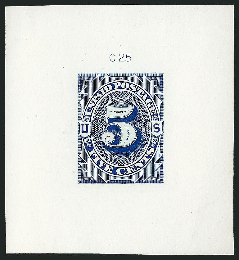 5c 1879 Unpaid Postage Die Essay, Ultramarine on White Ivory Paper (J4-E1d).> 54 x 58mm, with C.25 die imprint at top, beautiful color and impression, Extremely Fine