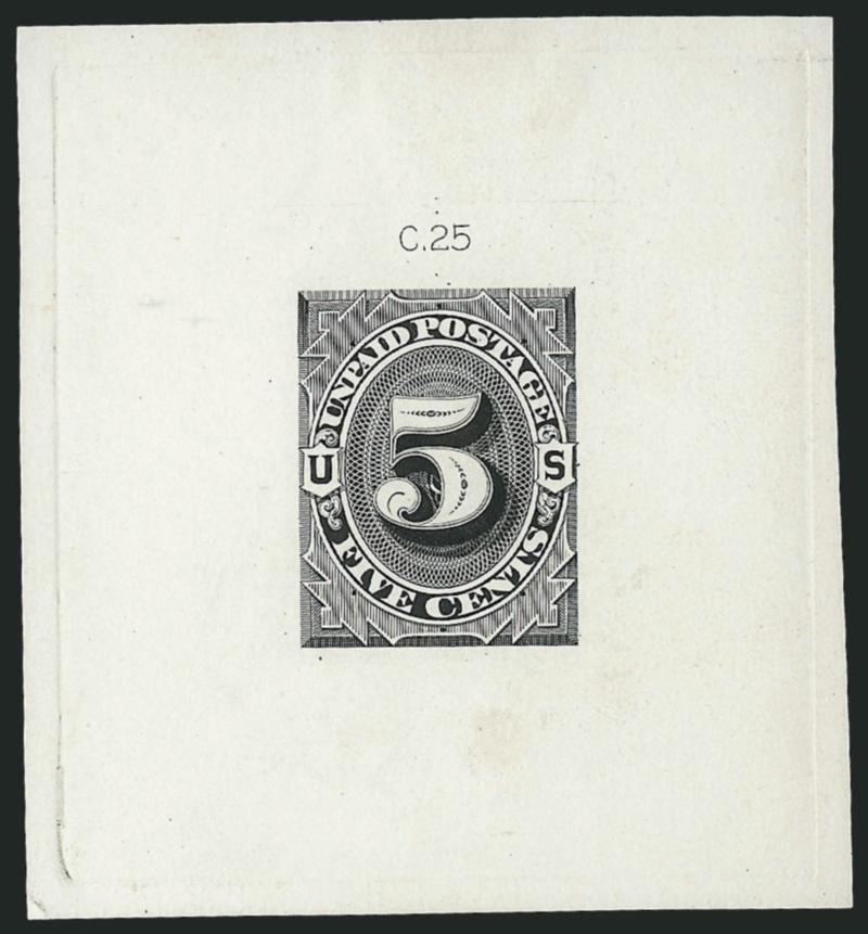 5c 1879 Unpaid Postage Die Essay, Black on White Ivory Paper (J4-E1d).> 64 x 72mm with C.25 die imprint at top, lovely impression, Extremely Fine