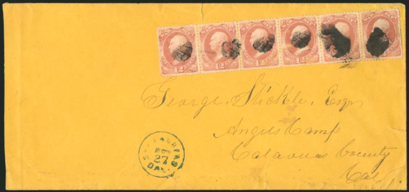 12c War (O89).> Horizontal strip of six, multiple strikes of smudgy cork cancel, one ties the strip at bottom right, blue San Andreas Cal. Oct. 27 circular datestamp on large-size buff cover to Angels Camp
Cal., some edge tears and barely reduced a