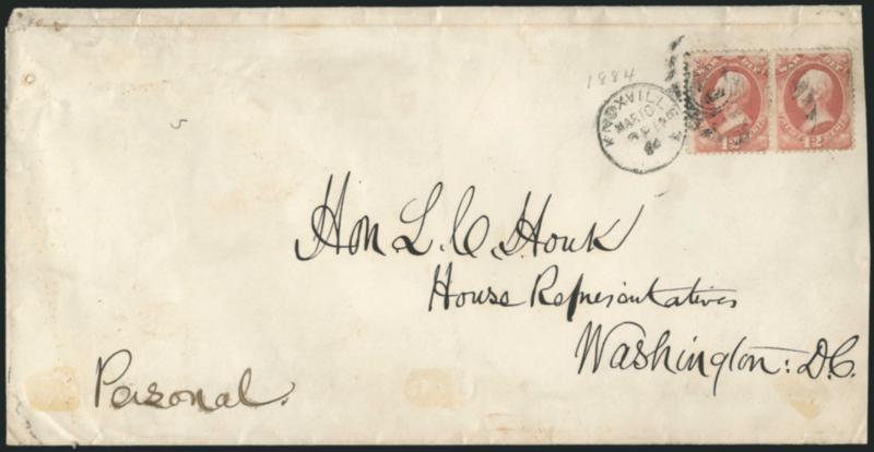 12c War (O89).> Horizontal pair, tied by Knoxville Mar. 10 5 PM 84 duplex cancel on large-size cover to Congressman Leonidas Campbell Houk in Washington, ms. <<Personal>> at bottom, Washington receiving
datestamp, some wear and right stamp with