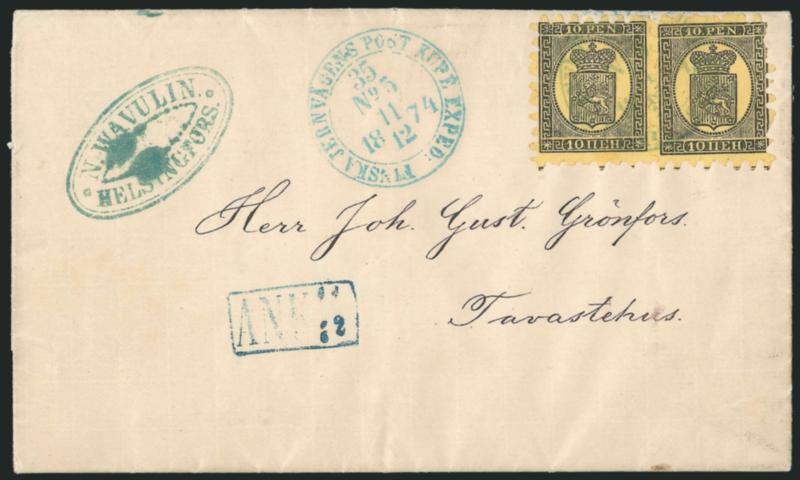 FINLAND, 1866-74, 10p Black on Yellow, Roulette Ty. III (8).> Horizontal pair, on December 10, 1874 folded letter tied by lightly struck blue Finska Jernvagens Post Kupe Exped: double circle with 35 No.5 11 12
1874 in center, another clear perfec