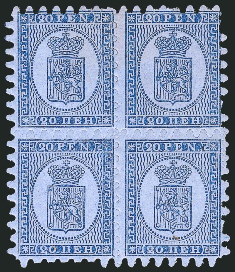 FINLAND, 1866-74, 20p Blue on Bluish (9).> Block of four, original gum, teeth virtually intact (five slightly blunted by scissors, three others short or nibbed), otherwise Fine-Very Fine, rare multiple, with
1969 P.F. certificate, Scott Retail as fou