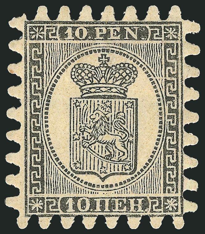 FINLAND, 1866-74, 10k Black on Buff, Roulette III (13).> Original gum, h.r, beautifully centered and <all teeth intact,> Extremely Fine, ex Lilly