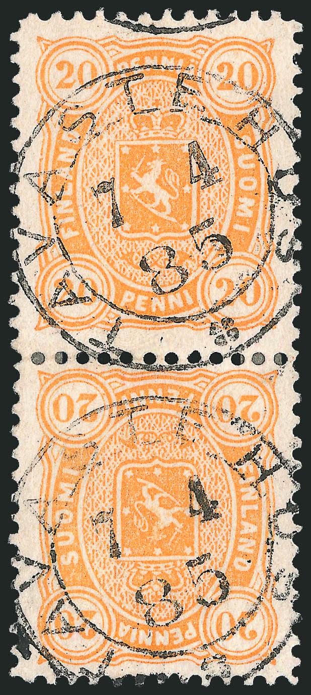 FINLAND, 1885, 20p Orange, Tete-Beche Pair (33b).> Each with Tavastehus 7 4 85 double-circle datestamp, perfs creased between stamps and hinge reinforced to prevent separation, otherwise Fine-Very Fine, rare
printing variety, with 1980 Bo Grenstedt