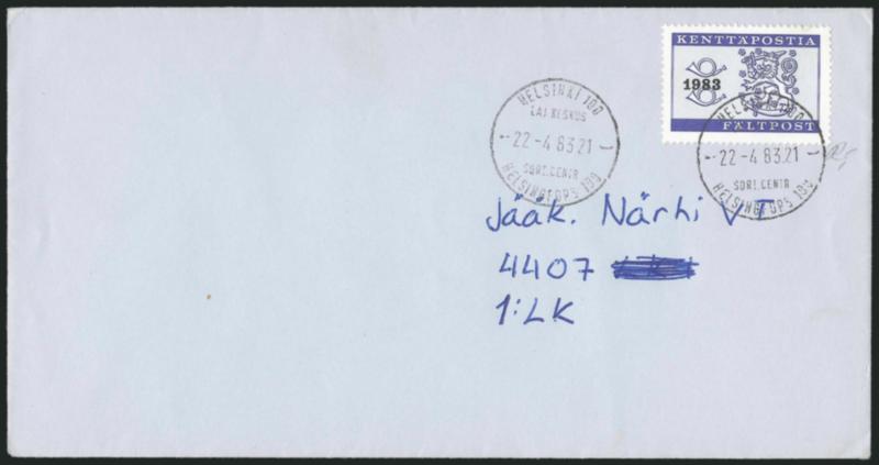 FINLAND, 1983, Violet Blue Military Stamp With 1983 Ovpt. (M8 var.).> Tied on cover by Helsinki 100 Helsingfors 100 Lai Keskus Sort. Centr 22-4 83 21 circular datestamp, repeated again to left of stamp,
Kenttapostikonttori 5 25.-4.83 backstamp,
