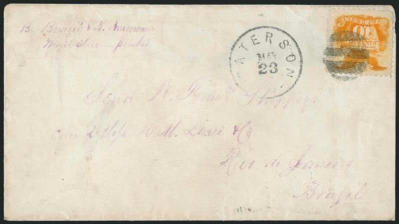 10c Yellow (116).> Vibrant color, small corner crease at bottom left, tied by neat strike of unusual cork cancel, Paterson N.J. May 23 circular datestamp on cover <to Rio de Janeiro, Brazil,> endorsed <y Brazil
& N. American Mail Steam Packet>>