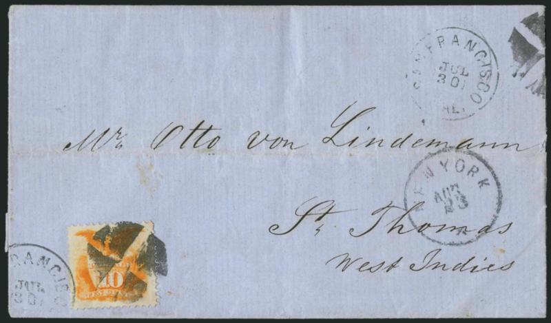 10c Yellow (116).> Vibrant color, tied by bold strike of quartered cork cancel and San Francisco Cal. Jul. 30 circular datestamp, second strike at top right on blue 1870 folded letter <to St. Thomas, Danish
West Indies,> neat New York Aug. 23 cir