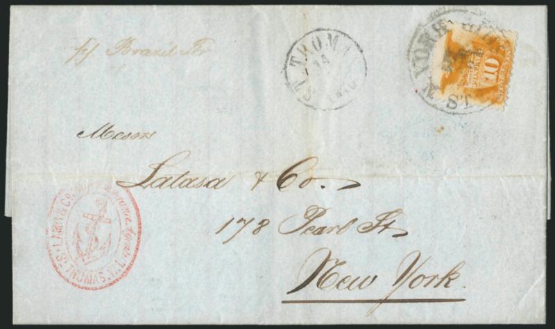10c Yellow (116).> Bright shade, tied by <N. York Steamship Apr.> circular datestamp on Apr. 9, 1869 folded letter <from Arroyo, Puerto Rico, to New York via St. Thomas D.W.I.,> senders blue oval datestamp on
back, unusual red Lamb & Co. Ship Ins
