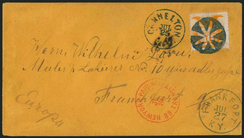 10c Yellow (116).> Deep rich color, tied by <blue negative Flower Petals cancel,> matching Cannelton In. Jul. 25 circular datestamp on buff 1870 cover <to Frankfurt, Germany,> unusual as this was <missent to
Frankfort Ky.,> neat strike of blue Fra