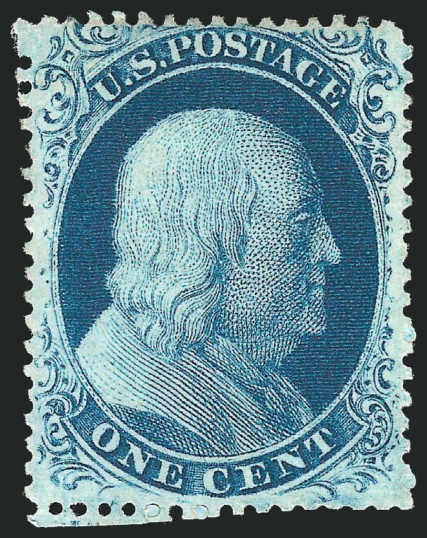 1c Blue, Ty. III (21).> Position 25R4, unused (no gum), rich color, scissors-separated but with all perfs intact<><>^VERY FINE. A SCARCE UNUSED EXAMPLE OF THE PERFORATED 1857 ONE-CENT TYPE III IN SOUND
CONDITION.^<><>Scott Retail as without gum
