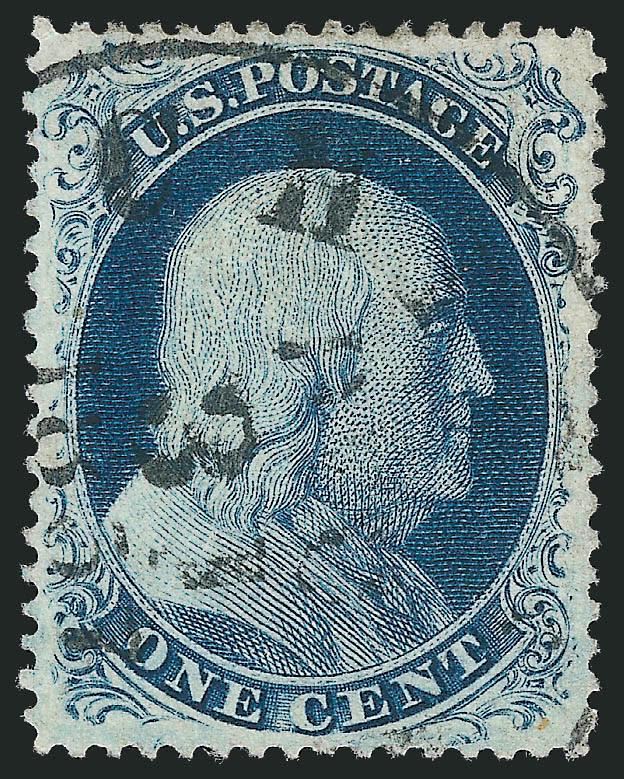 1c Blue, Ty. III (21).> Position 66L4, unusually choice centering for this difficult issue, bright color, Chicago Dec. 31, 1857 circular datestamp<><>^EXTREMELY FINE GEM. A SUPERB USED EXAMPLE OF THE 1857
ONE-CENT TYPE III. SCARCE WITH SUCH CHOIC