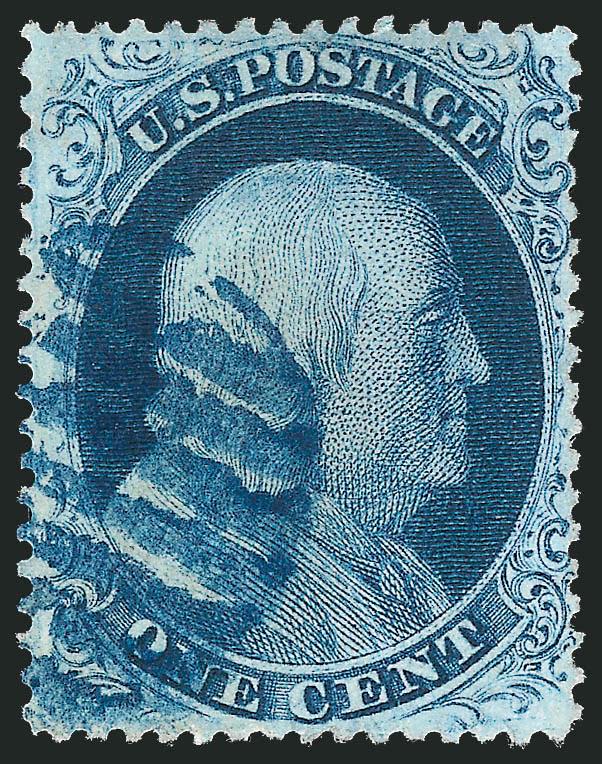 1c Blue, Ty. III (21).> Position 26R4 with <dot over U,> rich color and proof-like impression, neat strike of <blue> grid cancel<><>^VERY FINE AND CHOICE EXAMPLE OF THE 1857 ONE-CENT TYPE III, SHOWING DISTINCT
PLATING MARKS.^<><>Ex Neinken