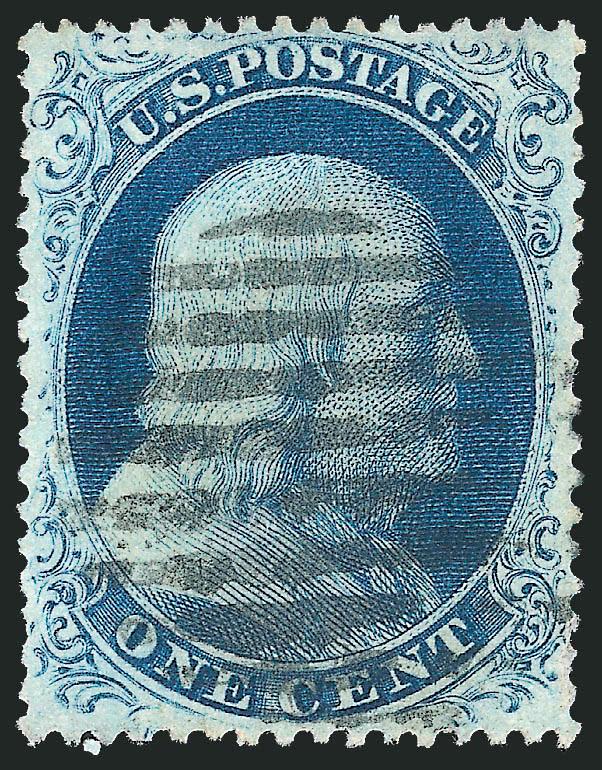 1c Blue, Ty. III (21).> Position 61R4, attractive color, bold strike of grid cancel, well-proportioned margins, nibbed perf at lower left, still Very Fine, ex Neinken